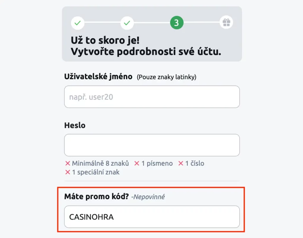 Registracni formular Betano