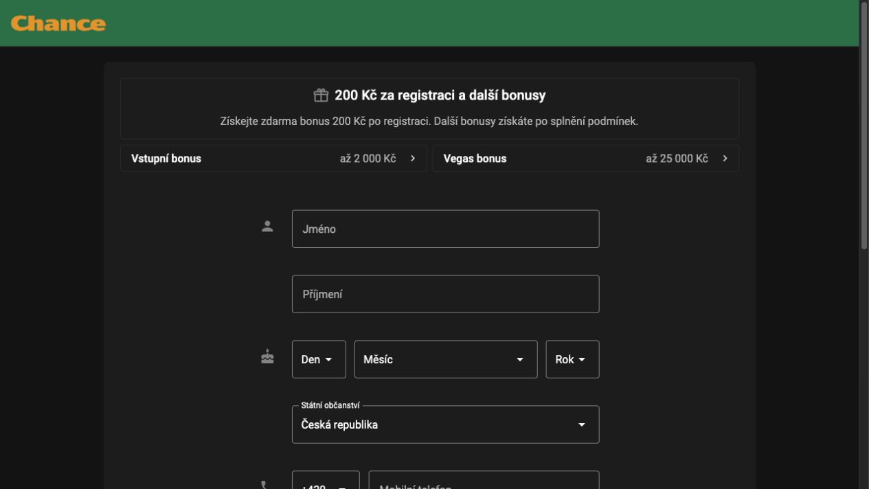 Registrační formulář Chance Casino