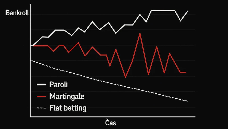 Graf 2: Srovnání vývoje bankrollu při různých strategiích
