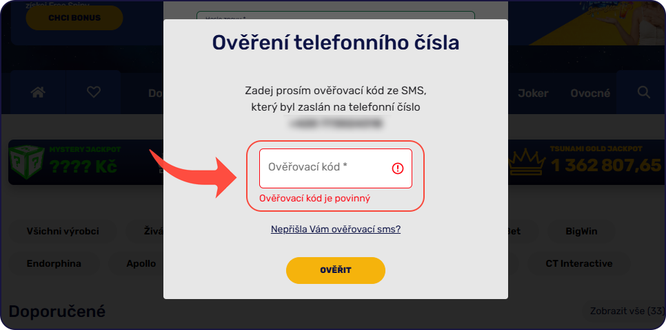 Ověření telefonního čísla při registraci ve Forbes Casinu