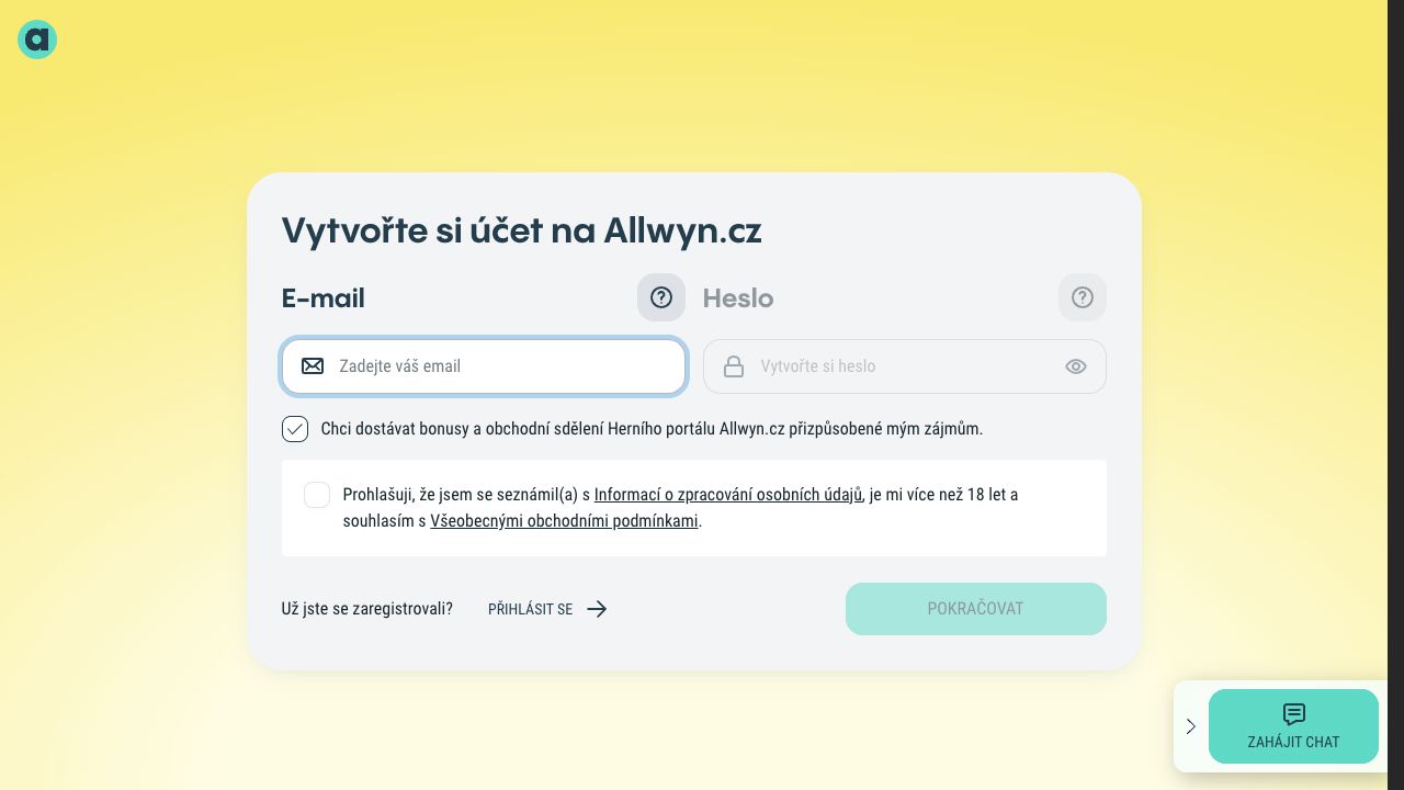 Registrační formulář Sazka Hry na portálu Allwyn