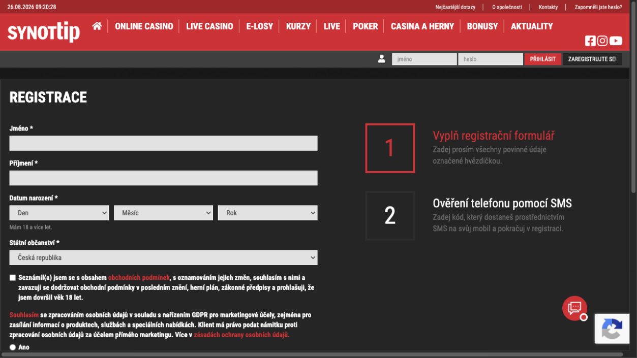 Registrační formulář SynotTipu