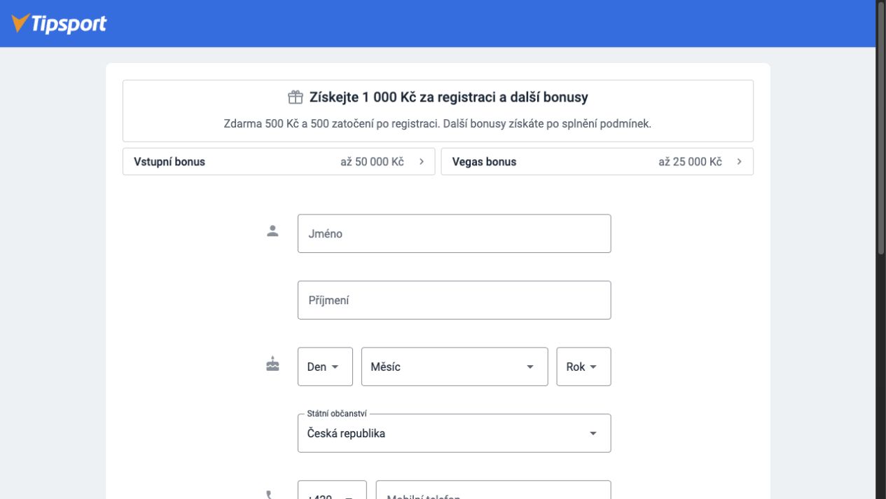 Registrační formulář Tipsport Casino