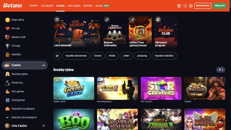 Betano casino lobby s kategoriemi a novými hrami