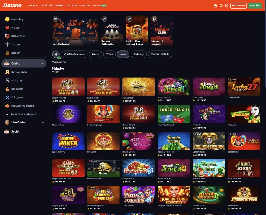 Výsledky filtru Joker v casino lobby Betano