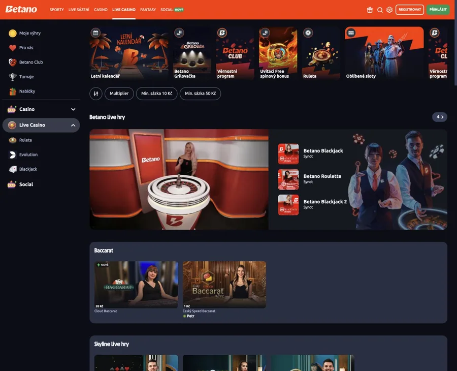 Betano Live Casino se stoly rulety a blackjacku