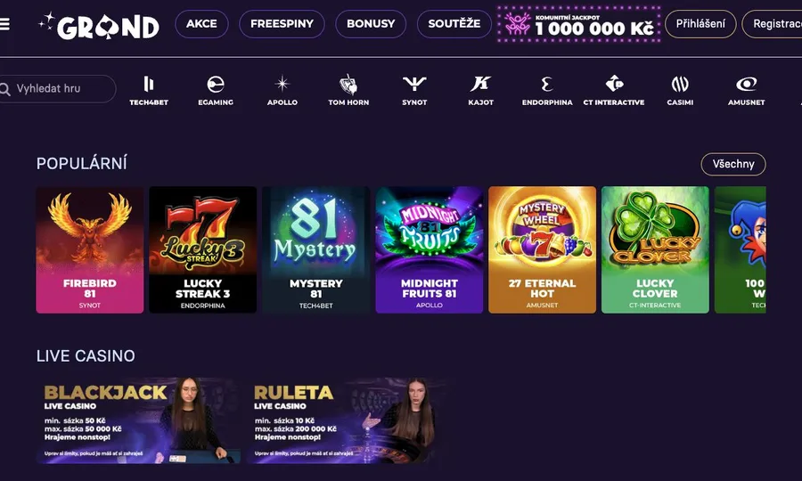 Grandwin casino lobby s automaty a live casinem