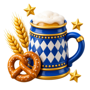 Oktoberfest 2026 – pivní korbel, preclík a klasy pšenice