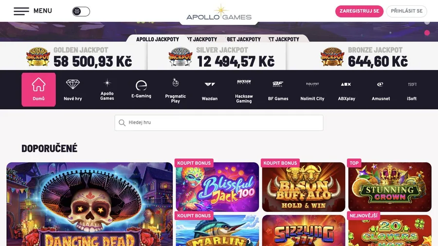 Lobby Apollo Games s filtrem výrobců, vyhledáváním a doporučenými hrami