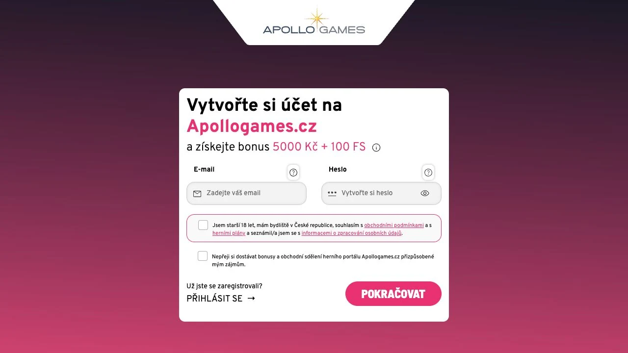 Registrační formulář Apollo Games