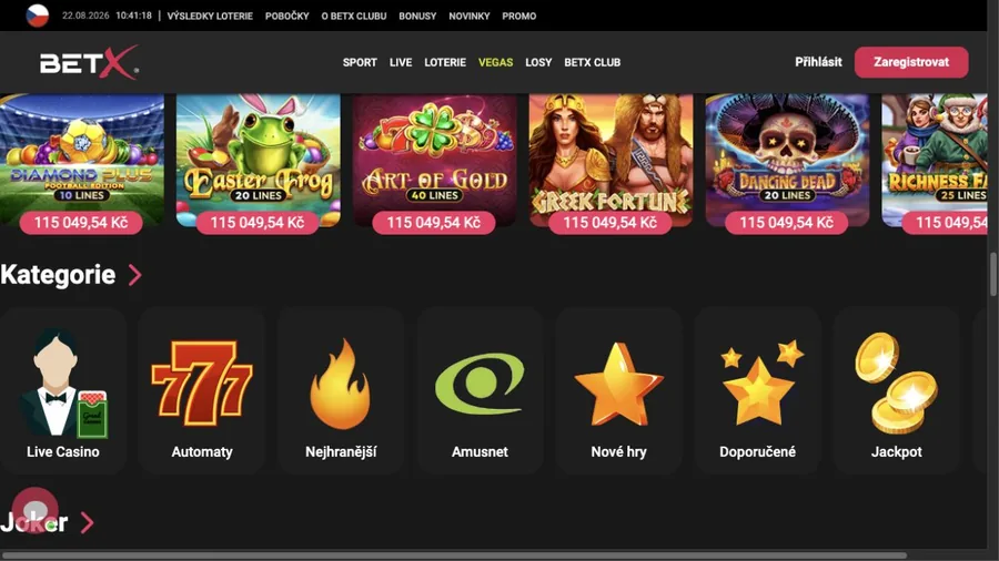 Kategorie Live Casino, Automaty, Nejhranější a další v lobby BetX