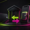 Platební karta, mobilní peněženka a banka se směrovými šipkami v barvách BetX