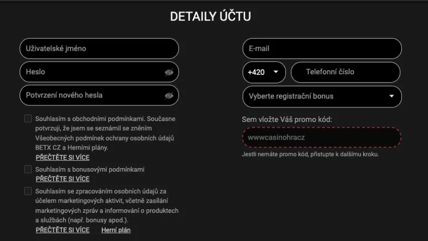 Pole pro zadání promo kódu v registračním formuláři BetX
