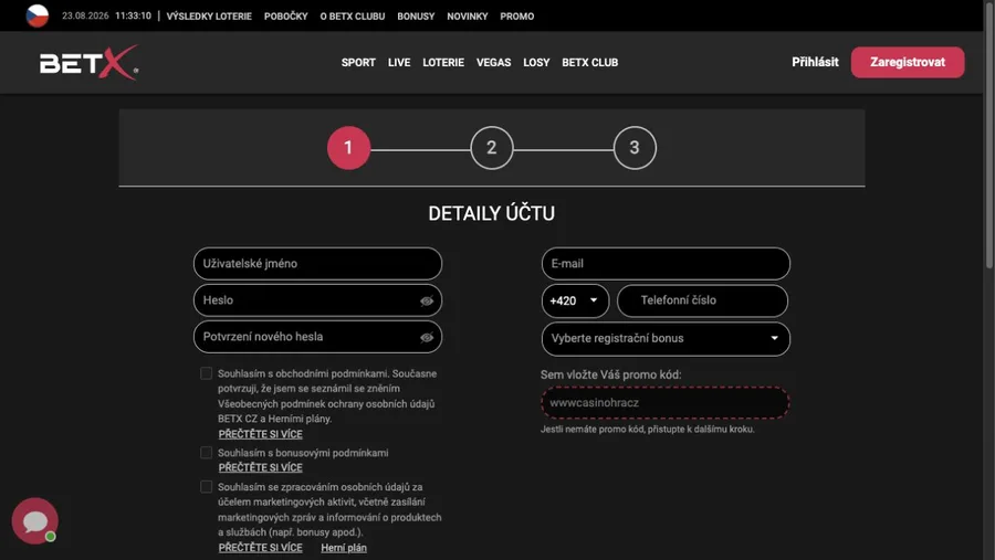 První krok registračního formuláře BetX