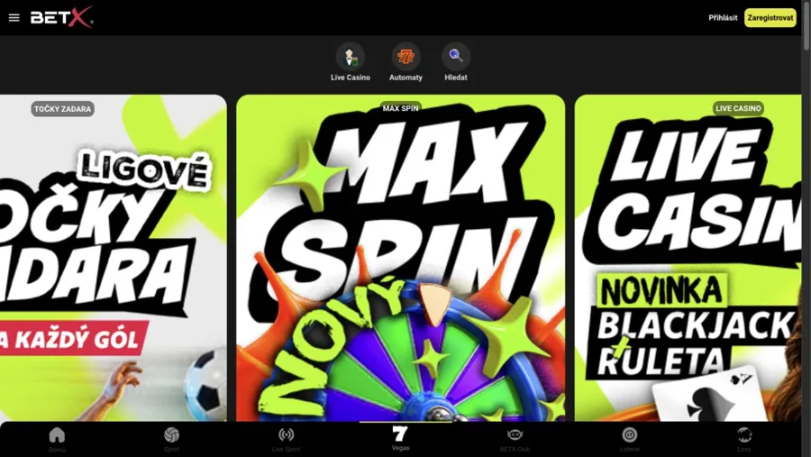 Nabídka BetX Vegas v mobilním webovém rozhraní