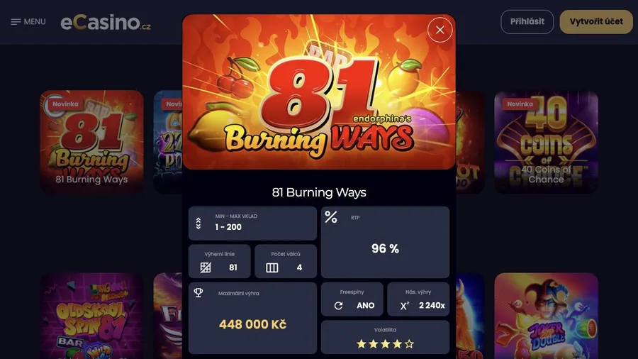 Detail automatu 81 Burning Ways v eCasino s RTP, rozsahem sázek a herními parametry