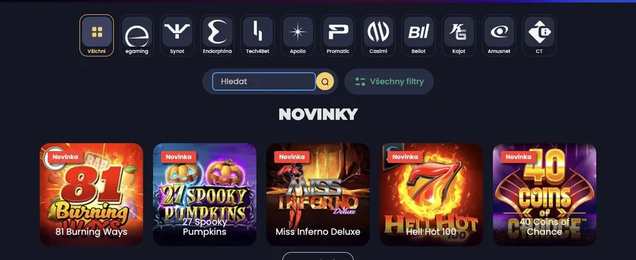 Lobby eCasino s filtrem výrobců, vyhledáváním a řadou nových automatů