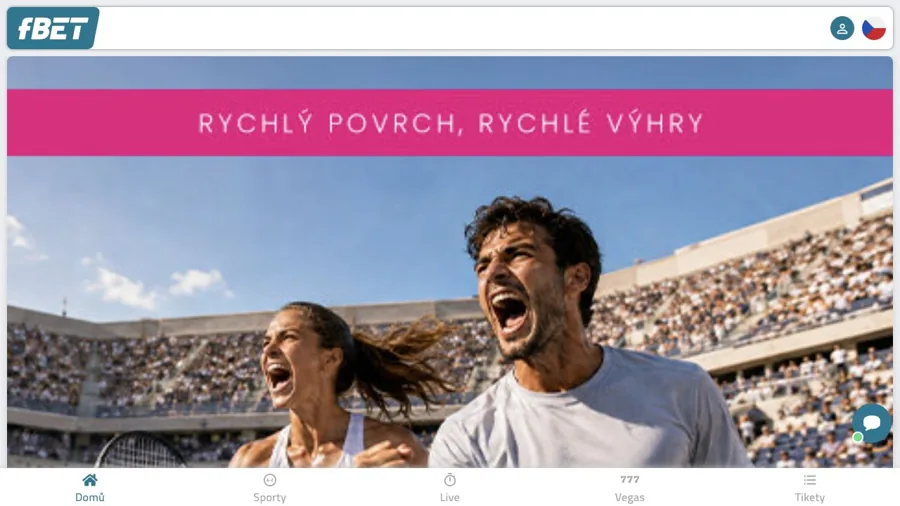 Mobilní web fBET s navigací Domů, Sporty, Live, Vegas a Tikety