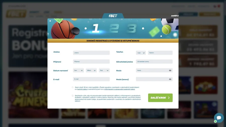 První krok registračního formuláře fBET