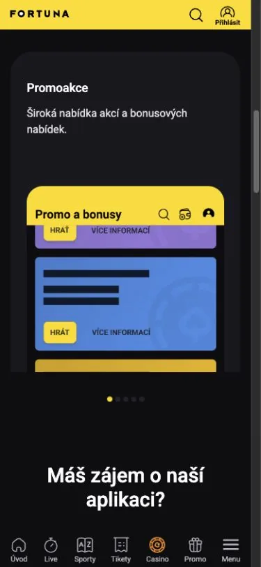 Mobilní přehled promoakcí v aplikaci Fortuna Casino
