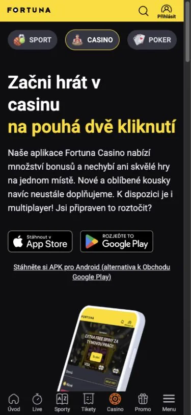 Mobilní stránka aplikace Fortuna Casino s odkazy ke stažení