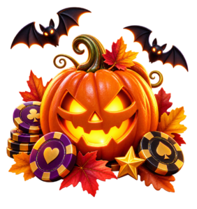 Svítící halloweenská dýně s netopýry, listím a casino žetony