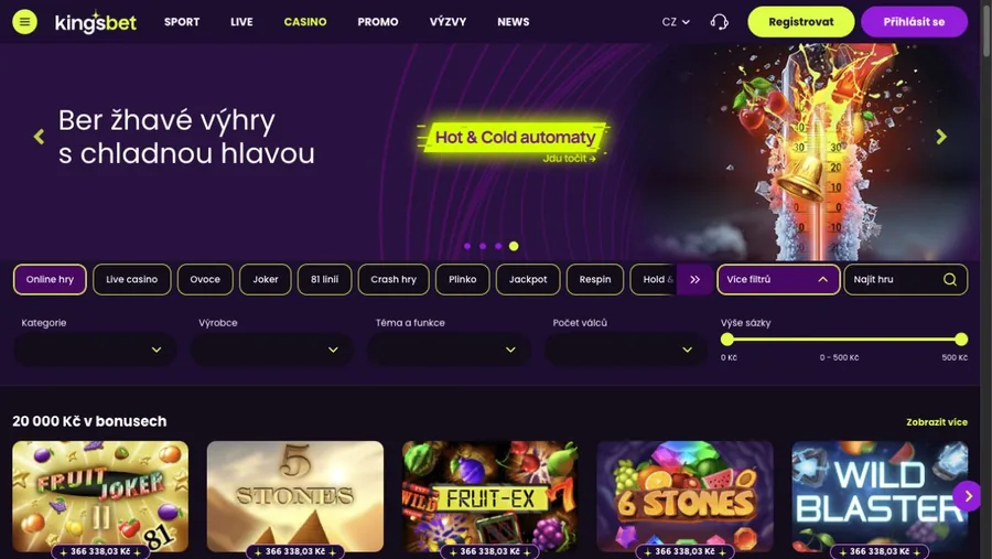 Kingsbet casino lobby s kategoriemi her, rozšířenými filtry a nabídkou automatů