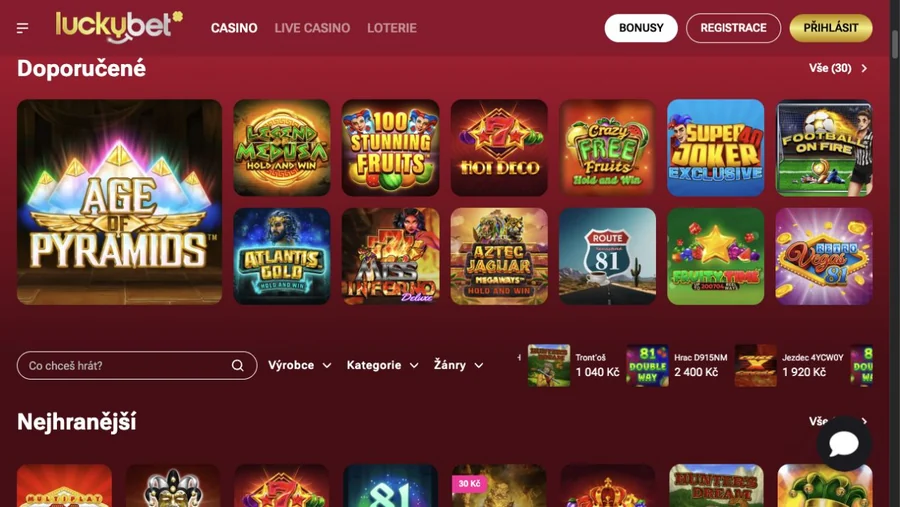 Nabídka automatů a filtry v herním lobby LuckyBet