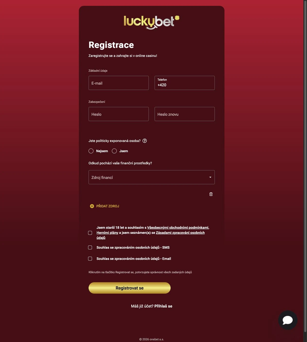 Registrační formulář LuckyBet Casino