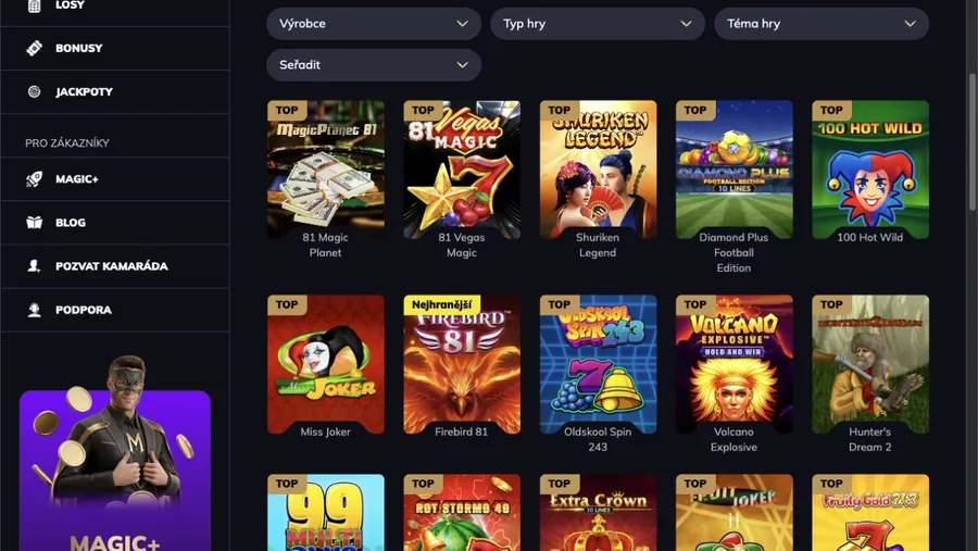 Filtry Výrobce, Typ hry, Téma hry a Seřadit v lobby Magic Planet