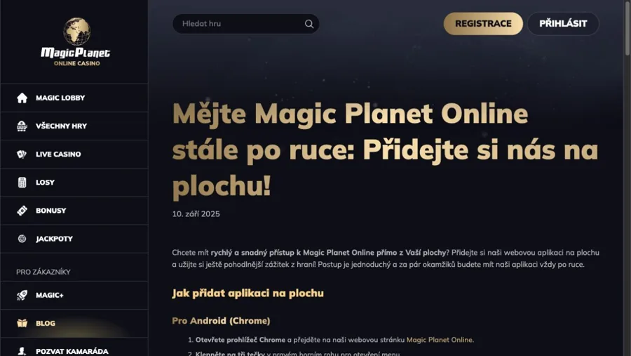 Oficiální návod pro přidání webové aplikace Magic Planet na plochu telefonu