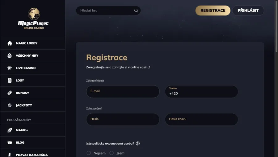 První krok registračního formuláře Magic Planet