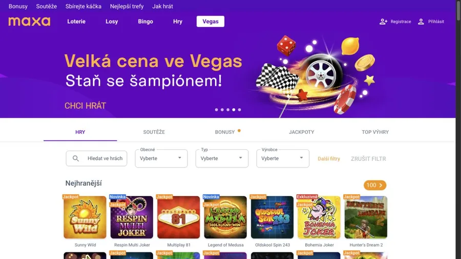 Vyhledávání a filtry Obecné, Typ a Výrobce v lobby Maxa Vegas