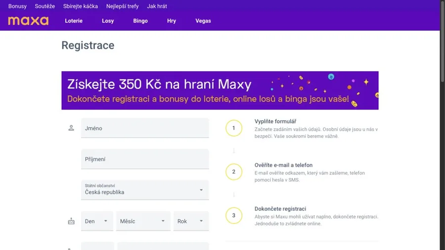 Registrační formulář Maxa s osobními a kontaktními údaji