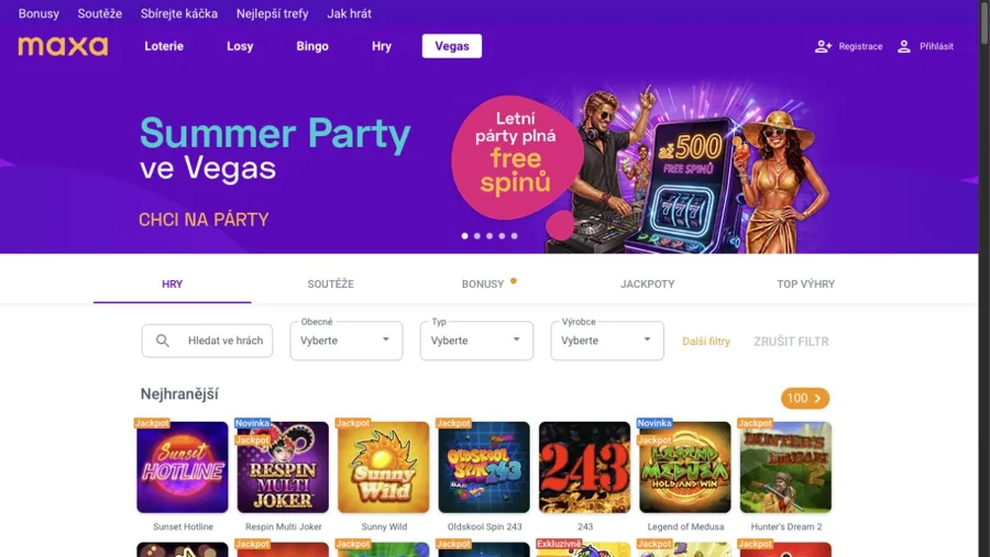 Nabídka her a live casina Maxa Vegas v mobilním rozhraní