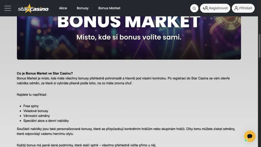 Oficiální stránka Star Casino Bonus Market s typy bonusů