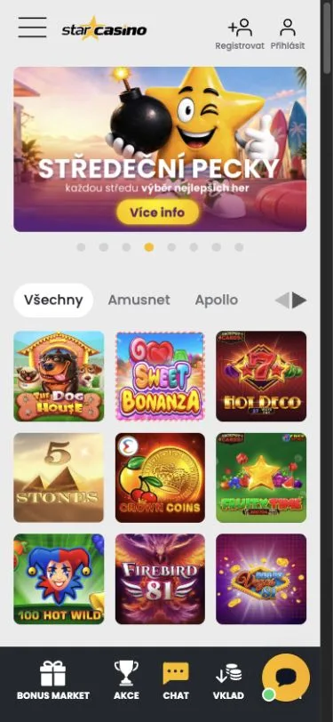 Mobilní verze Star Casino s nabídkou her a spodní navigací