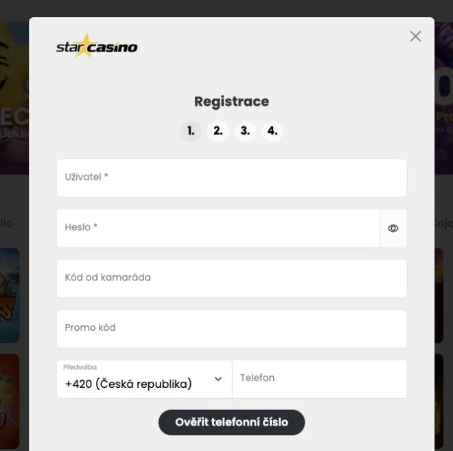 Pole Promo kód v registračním formuláři Star Casina