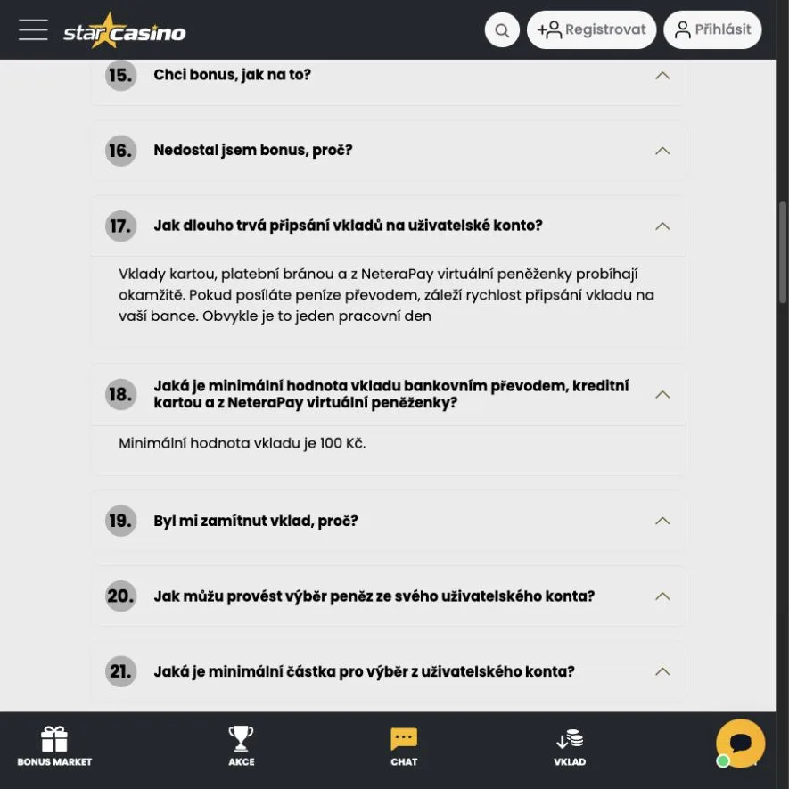 FAQ Star Casino s rychlostí vkladu a minimální částkou 100 Kč