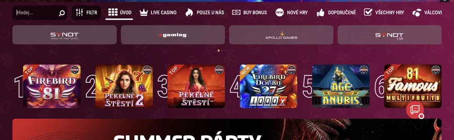 Lobby Synot Tip s vyhledáváním, filtry kategorií a přehledem nejhranějších automatů
