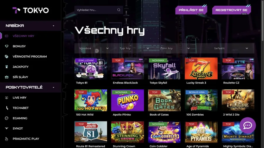 Tokyo Casino archiv s filtry, automaty, live hrami a vlastní hrou Tokyo Skyfall