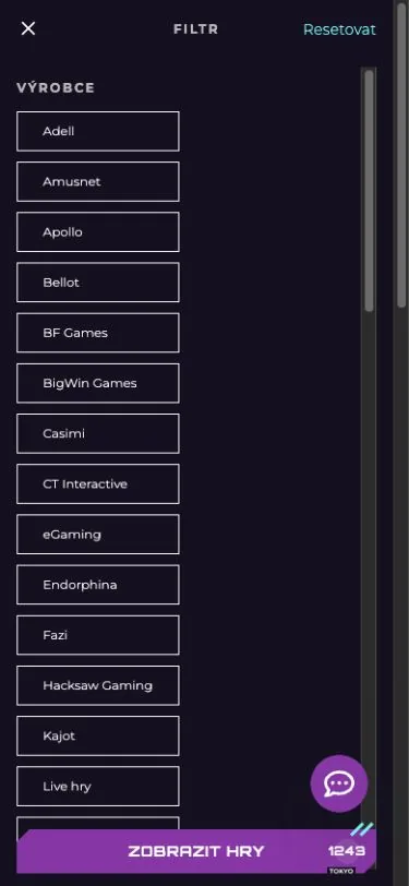 Mobilní filtr her Tokyo Casina podle výrobce, typu a žánru